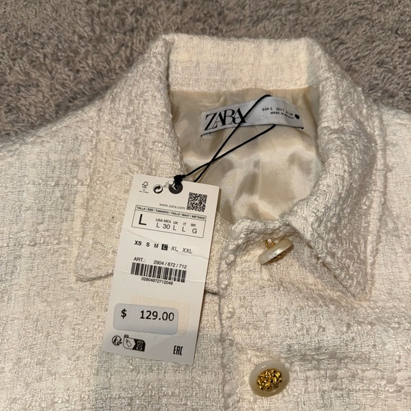 Zara Textured Bone Cropped Tweed Blazer NWT Sz Large - Picture 4 of 5